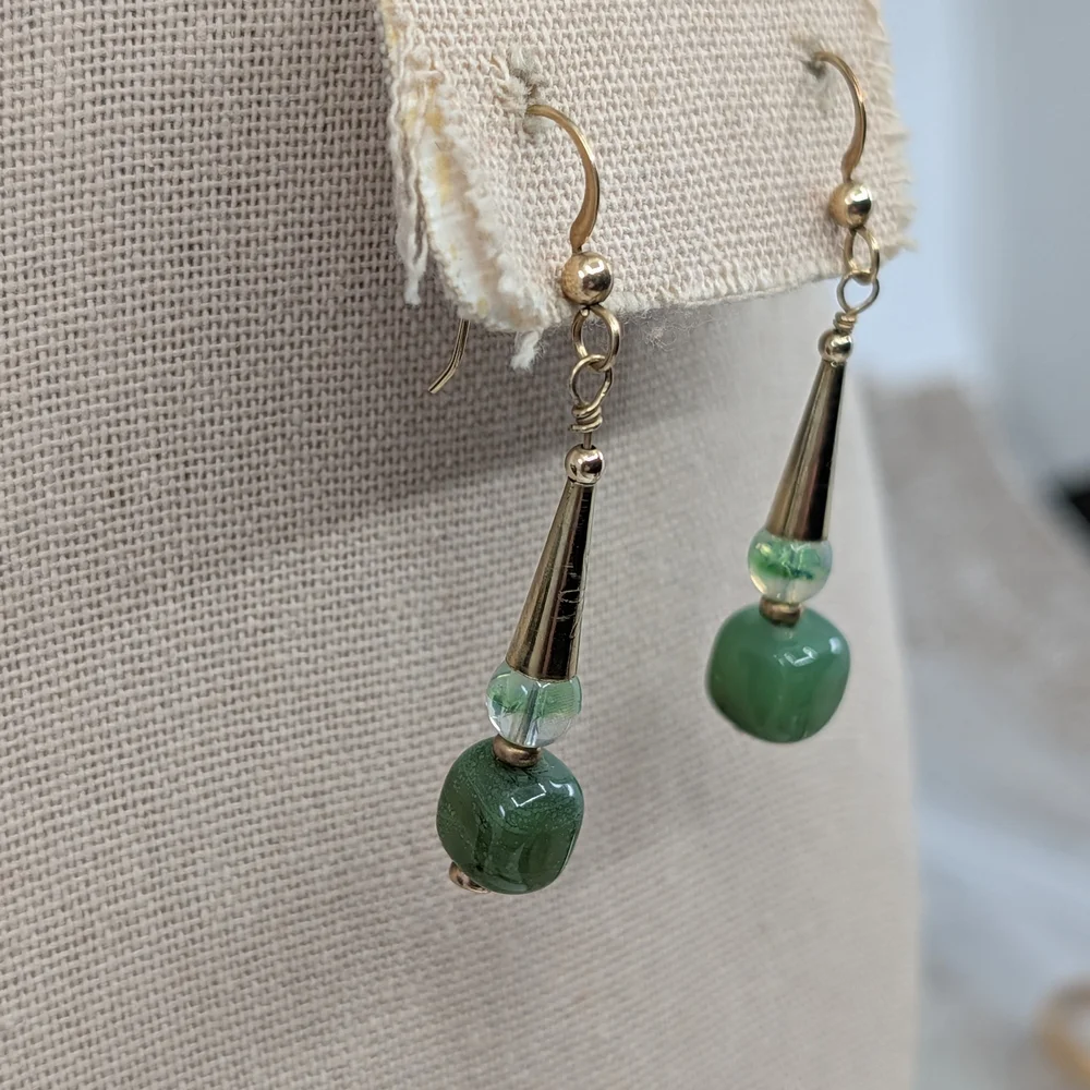 Vintage Handmade Green Glass Dangle Earrings | Boho Drop Style | Lightweight